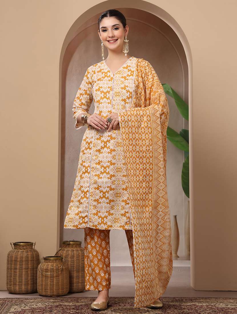 women printed v neck kurta and pant set with dupatta