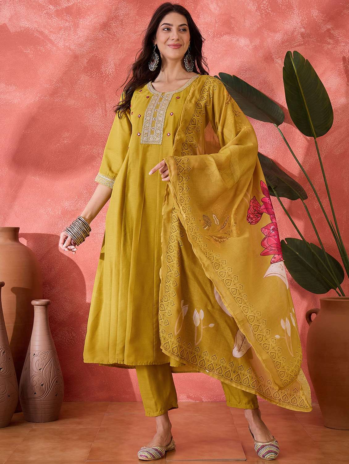 women embroidered three quarter sleeves kurta pant set with dupatta