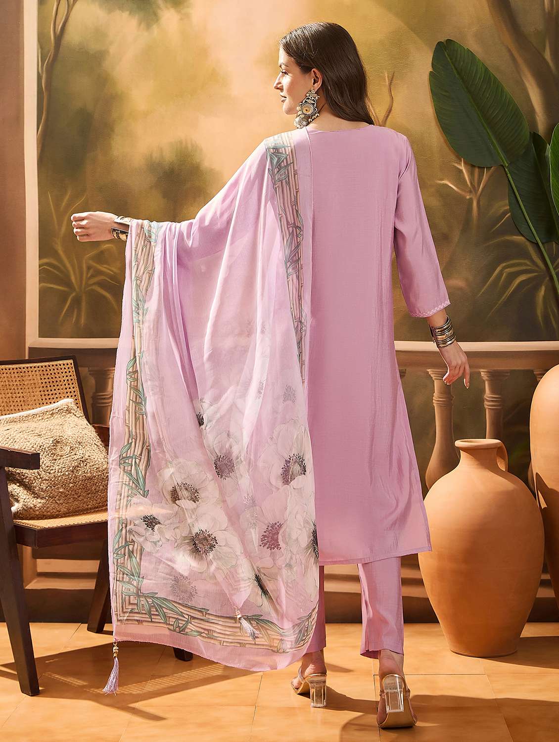 women printed three quarter sleeves kurta pant set with dupatta - 22513992 -  Standard Image - 3
