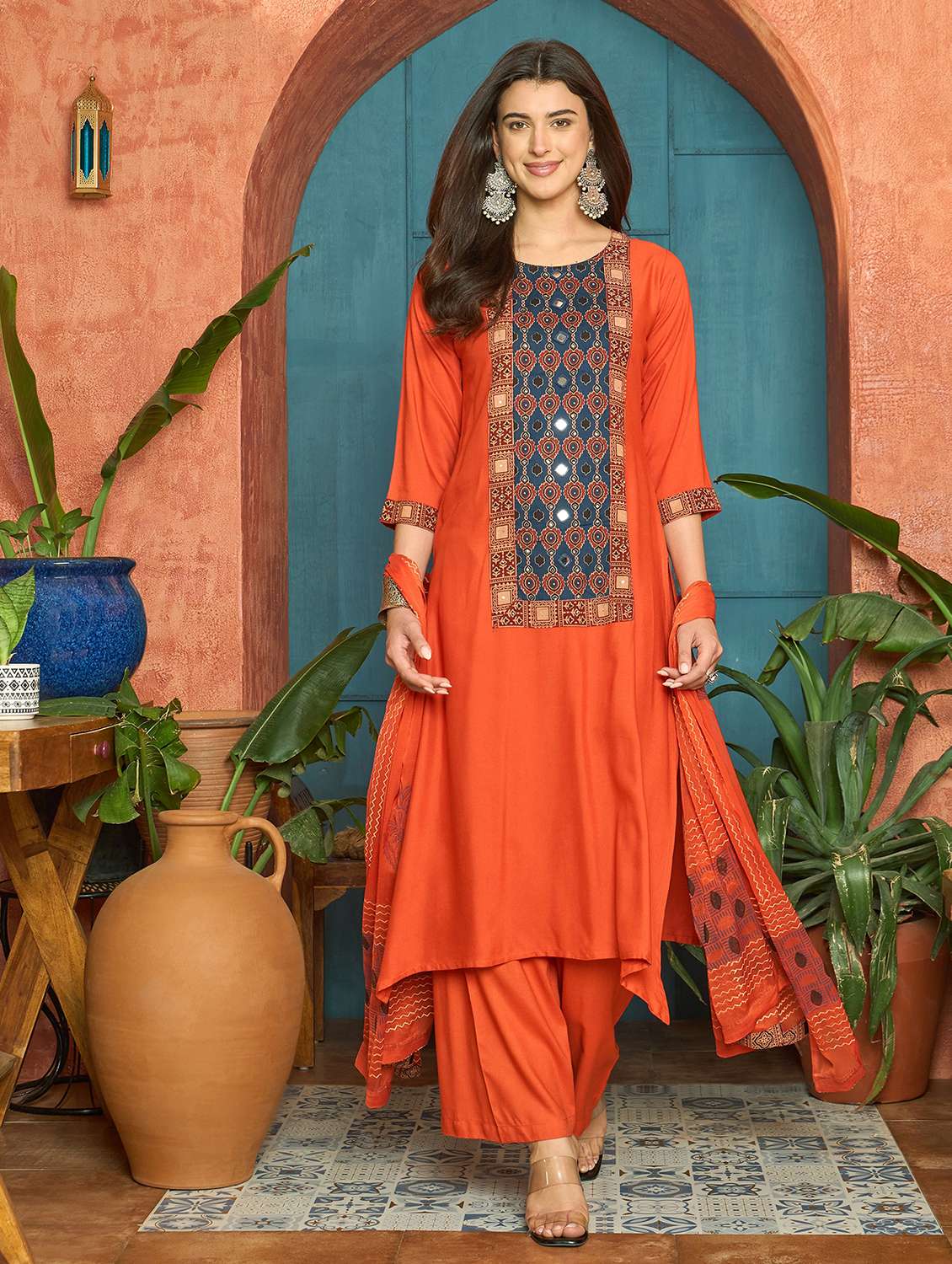 women printed three quarter sleeves kurta palazzo set with dupatta