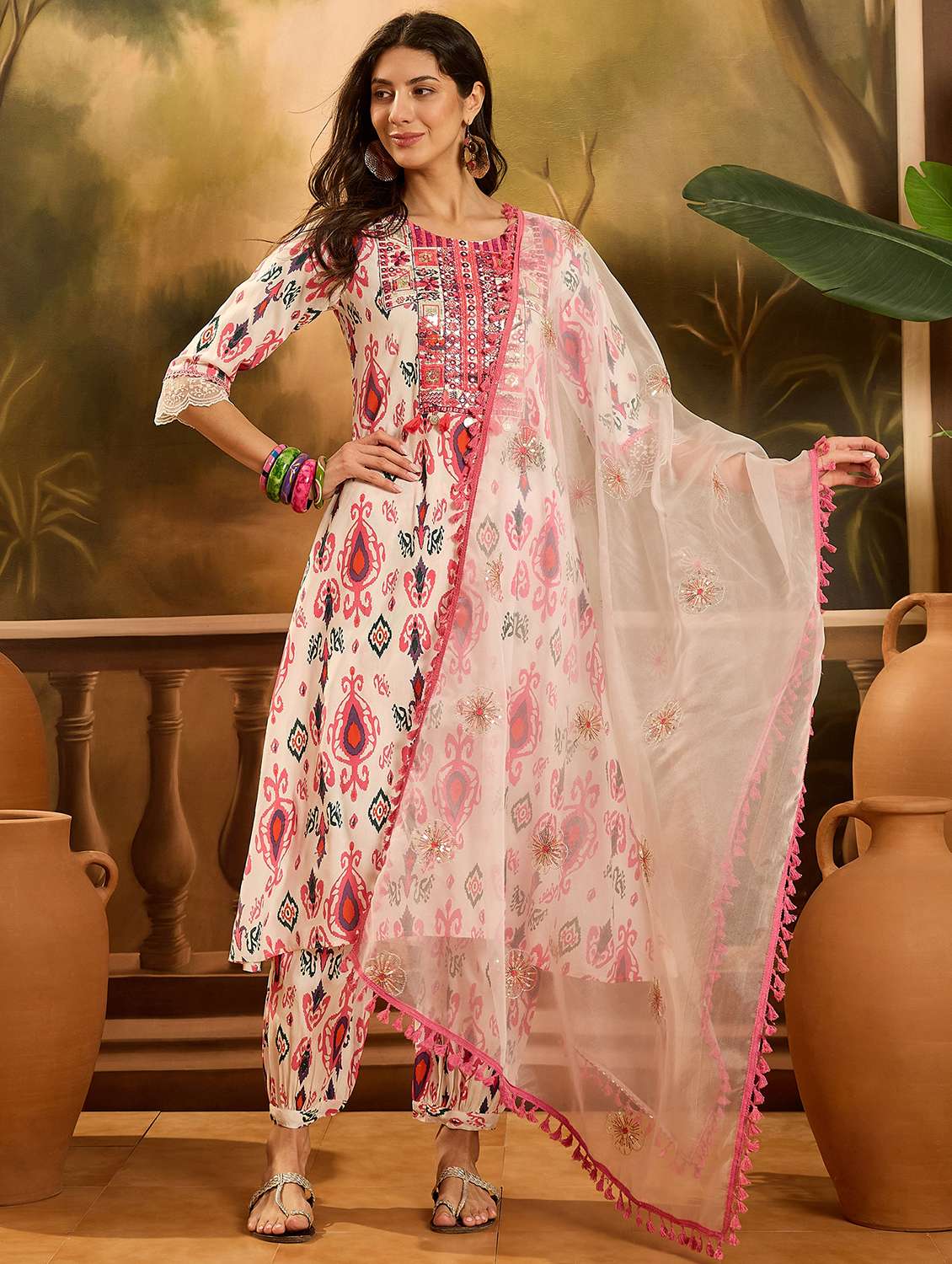 women printed three quarter sleeves kurta salwar set with dupatta