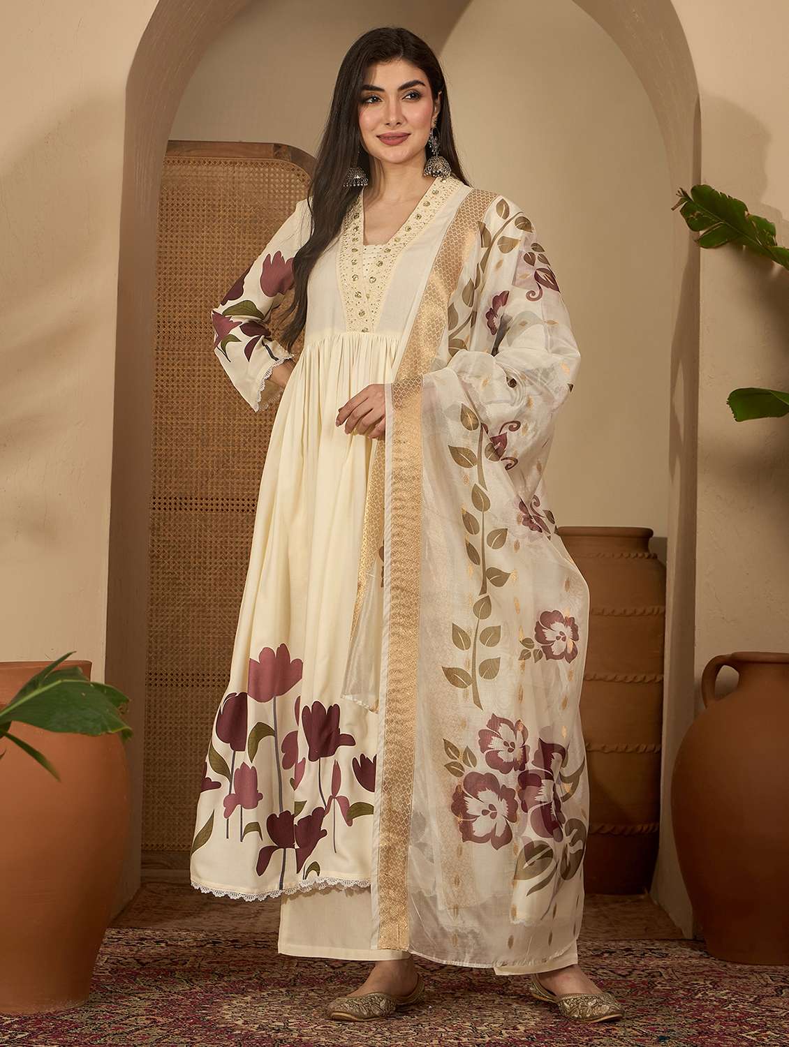 women printed three quarter sleeves kurta palazzo set with dupatta