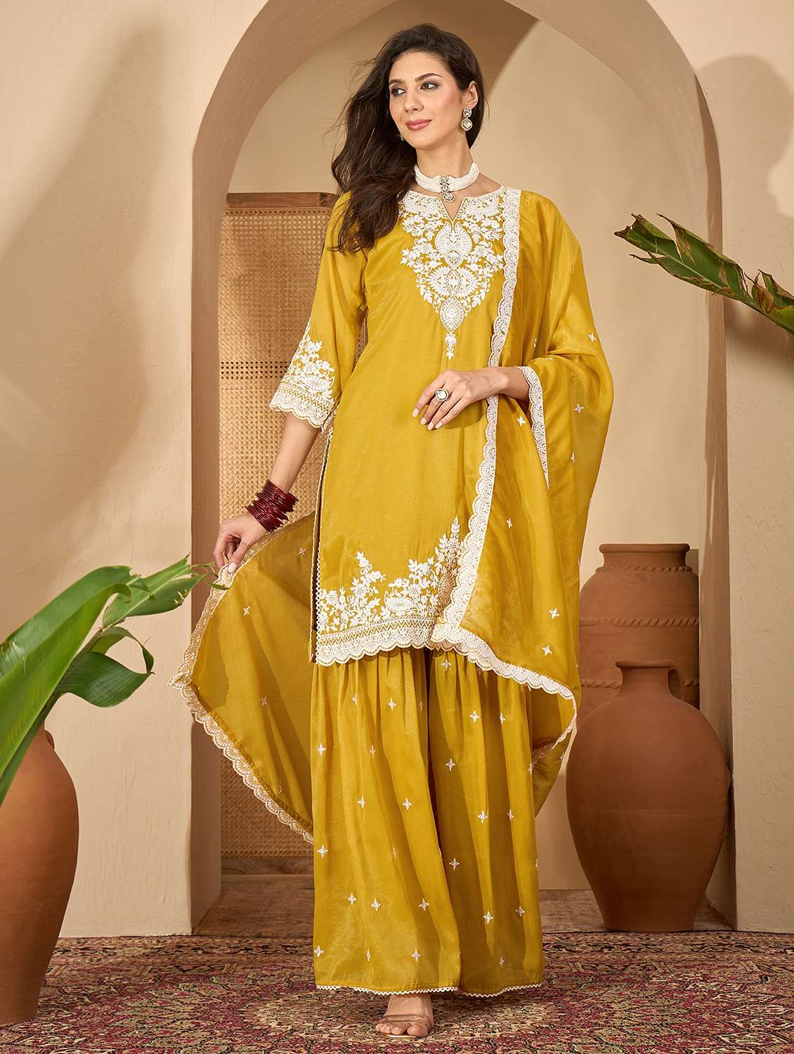 women embroidered three quarter sleeve kurta sharara with dupatta set