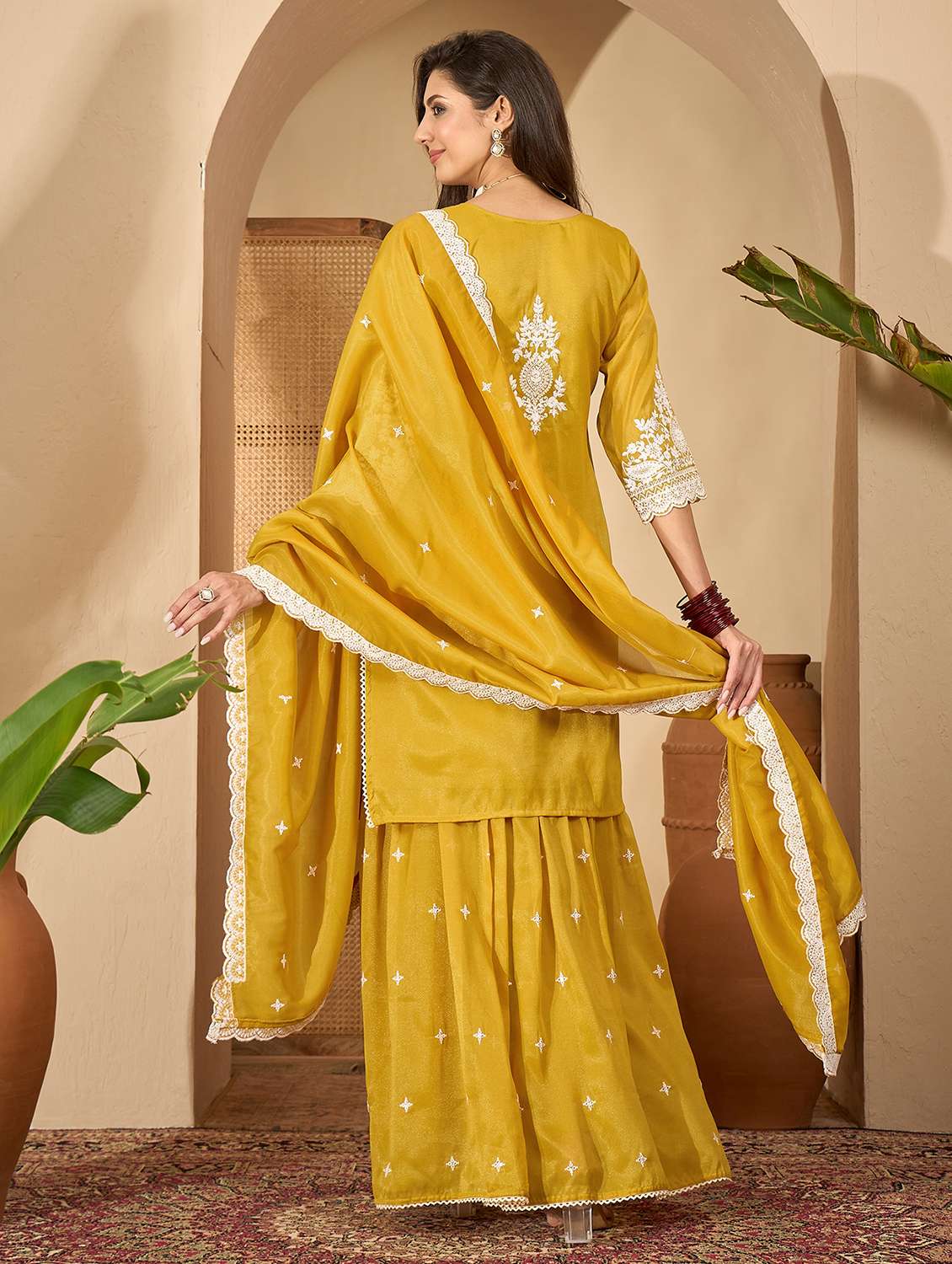 women embroidered three quarter sleeve kurta sharara with dupatta set - 22514148 -  Standard Image - 3