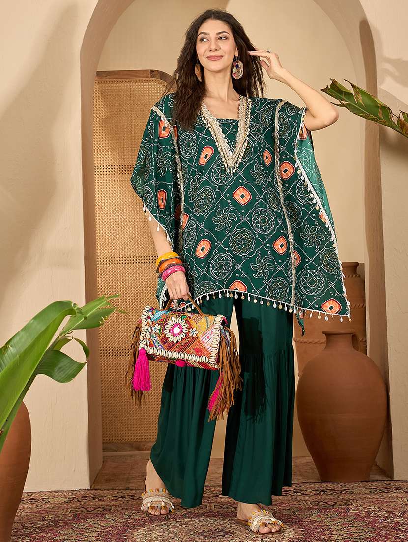 women bandhani printed kimono sleeve kaftan set