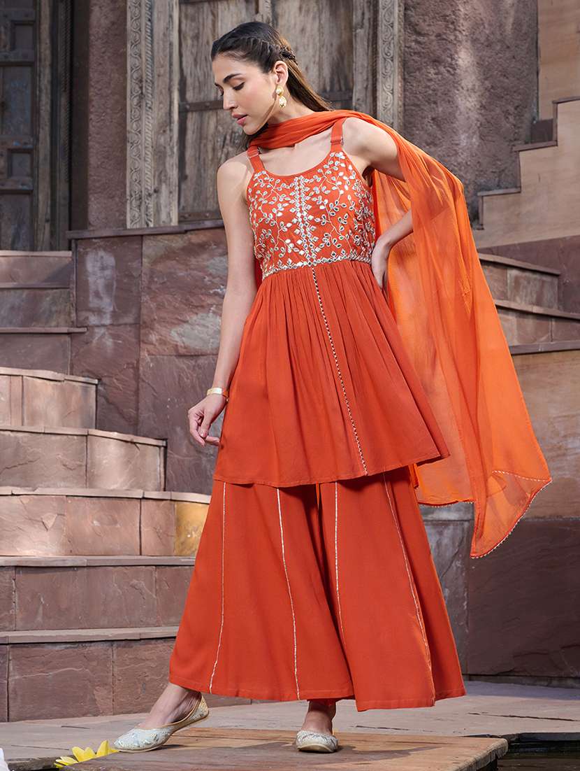 women embroidered shoulder strap kurta sharara with dupatta set
