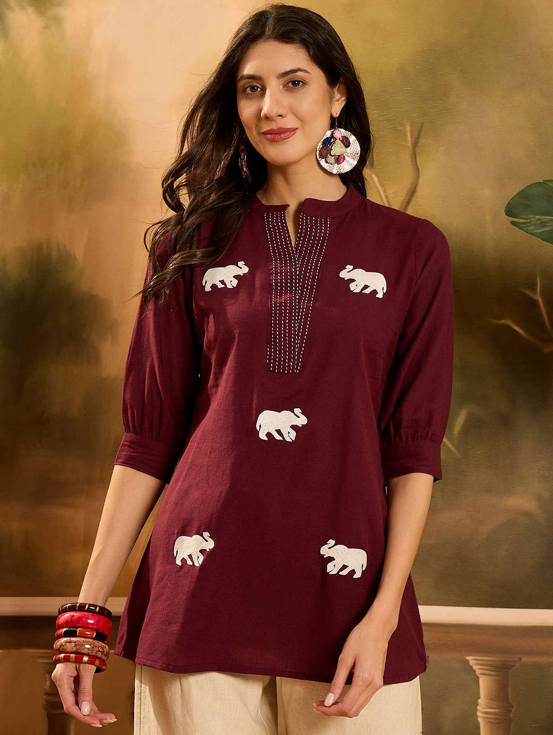 women embroidered three quarter sleeves a-line kurti