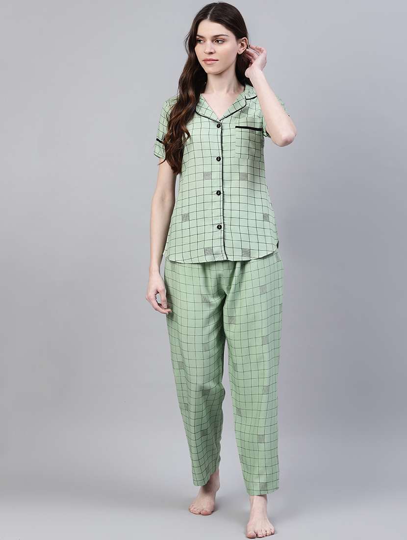 women checkered short sleeves shirt and pyjama set