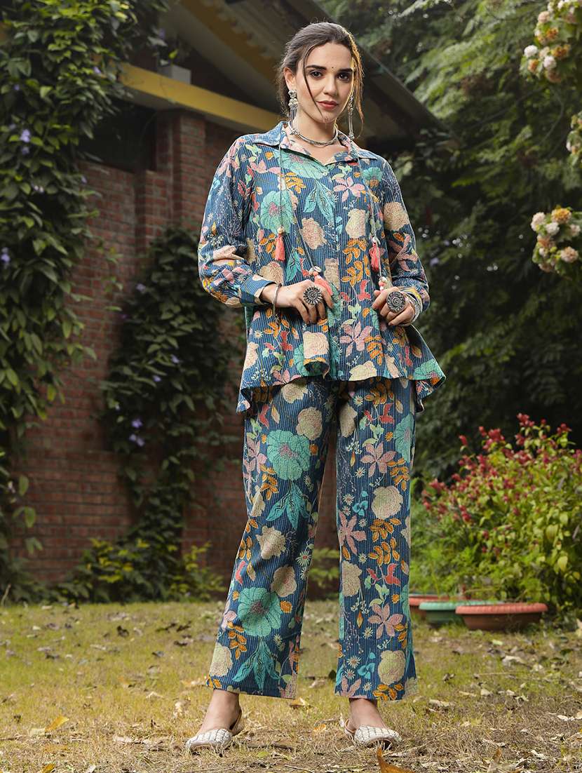women printed collared shirt and trouser co-ord set
