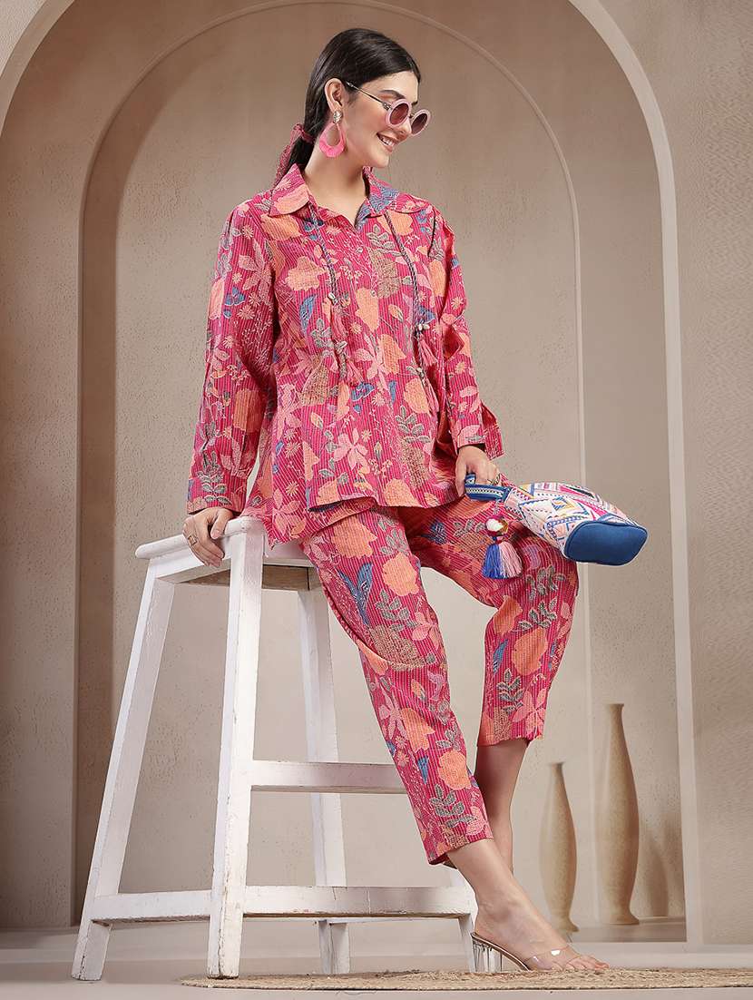 women printed collared shirt and trouser co-ord set