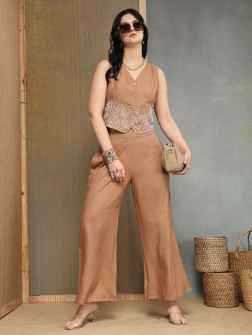 women embroidered sleeveless top and trouser co-ord set
