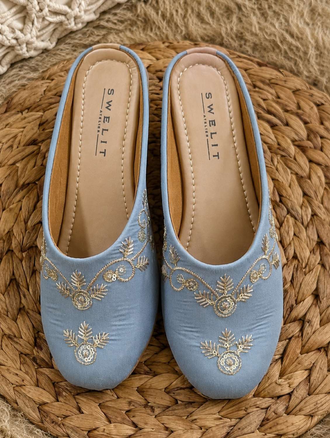 women embroidered slip on mules