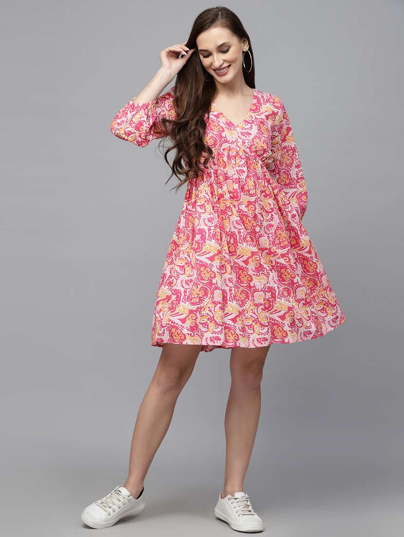 women printed v neck fit and flare dress - 22514526 -  Standard Image - 3
