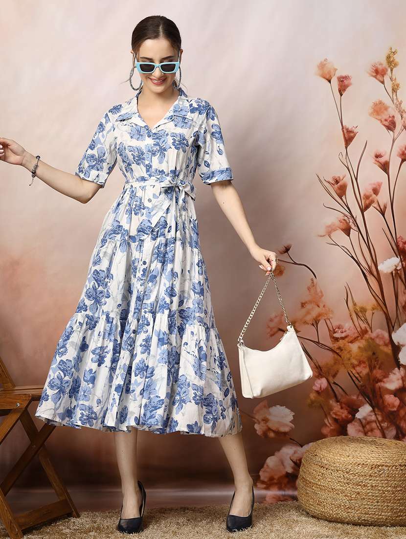 women printed collared midi tiered dress