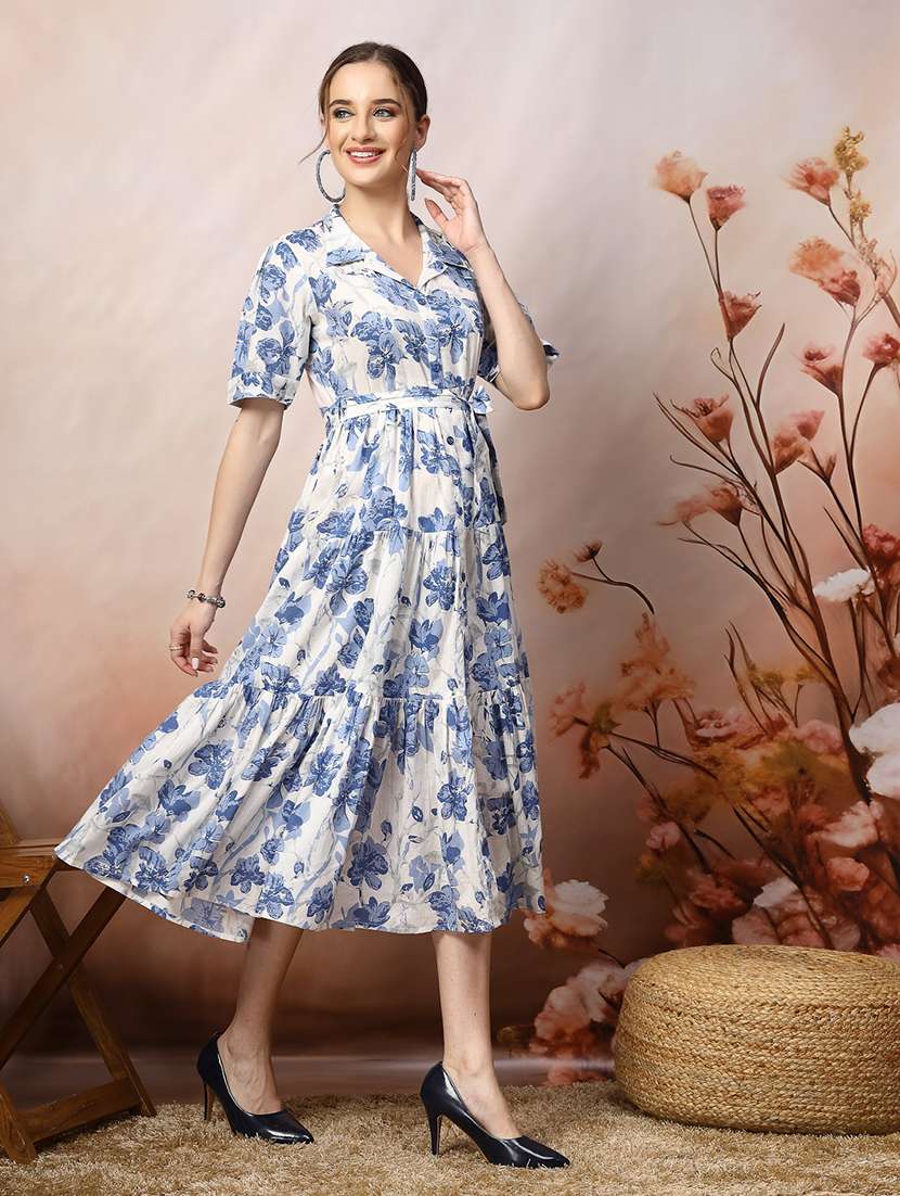 women printed collared midi tiered dress - 22514531 -  Standard Image - 3