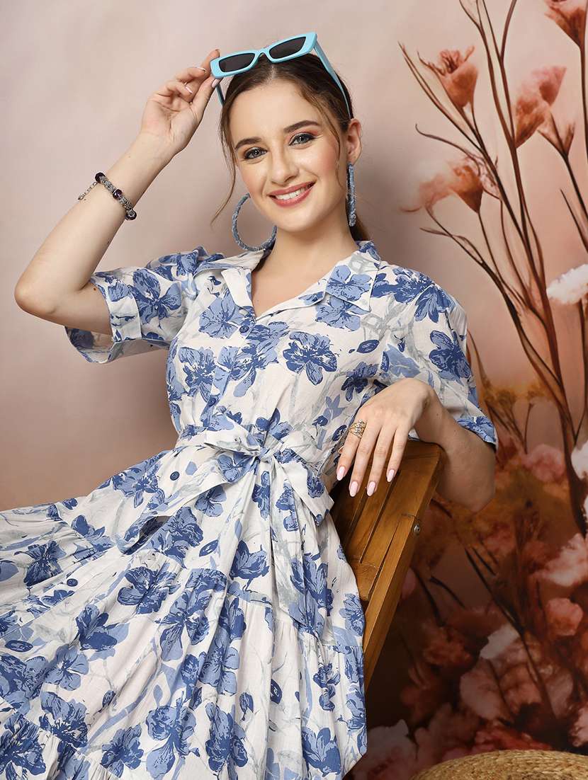 women printed collared midi tiered dress - 22514531 -  Standard Image - 5