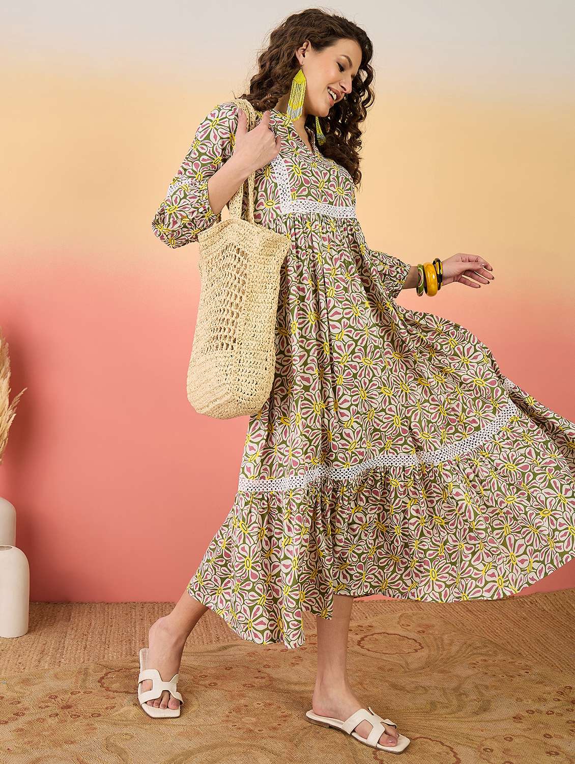 women printed three quarter sleeves tiered dress
