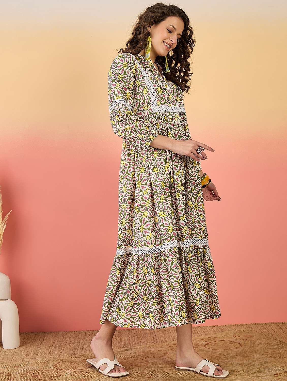 women printed three quarter sleeves tiered dress - 22514545 -  Standard Image - 3