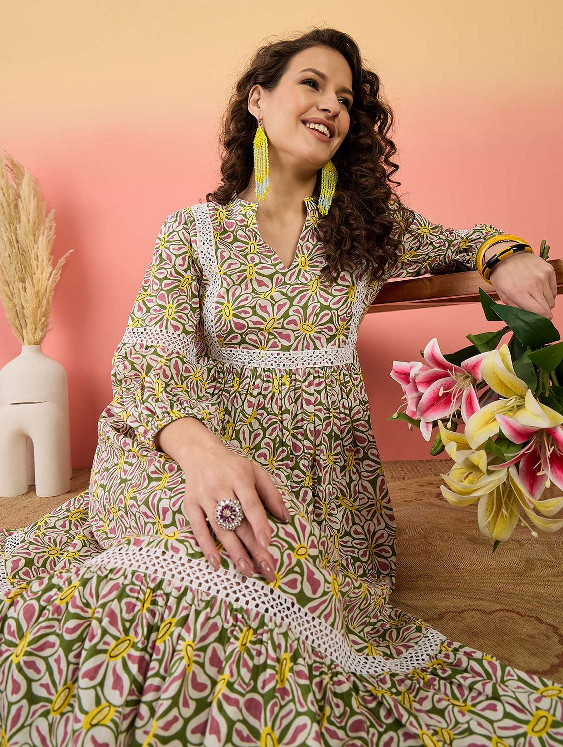 women printed three quarter sleeves tiered dress - 22514545 -  Standard Image - 5