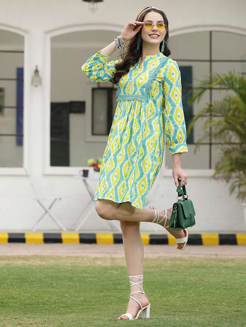 women printed mandarin neck a-line dress