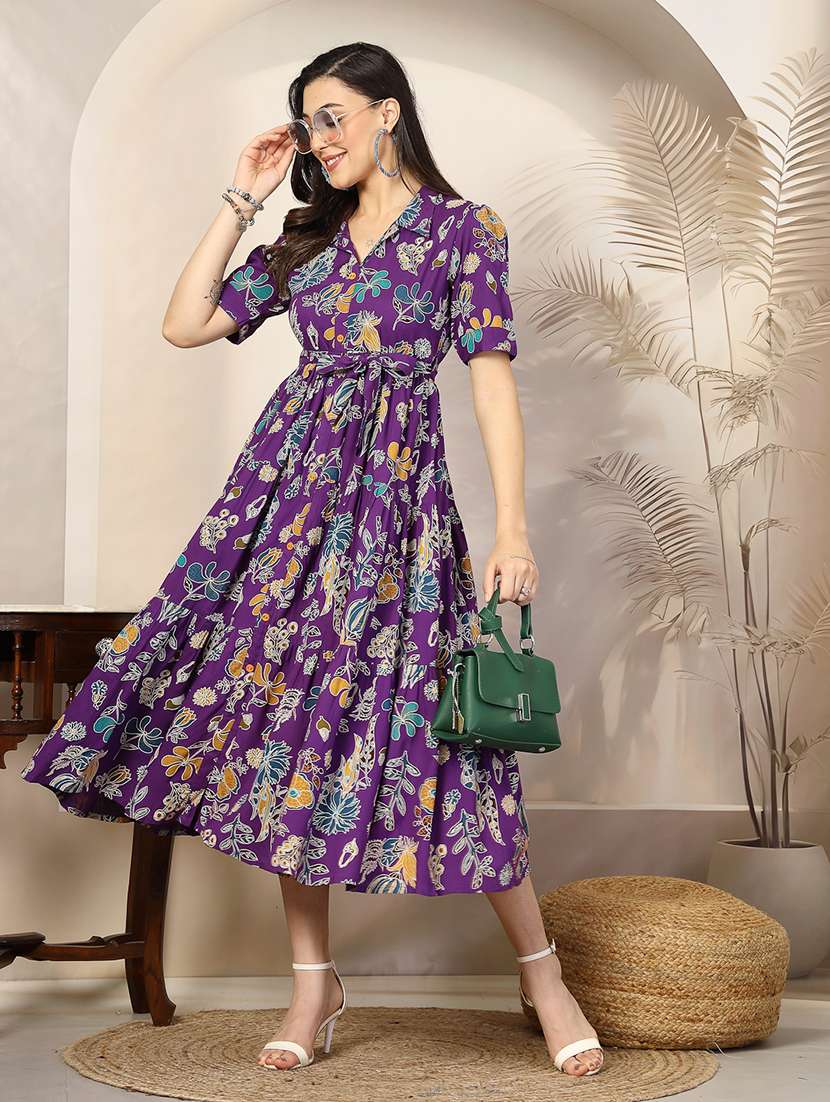 women printed collared midi tiered dress