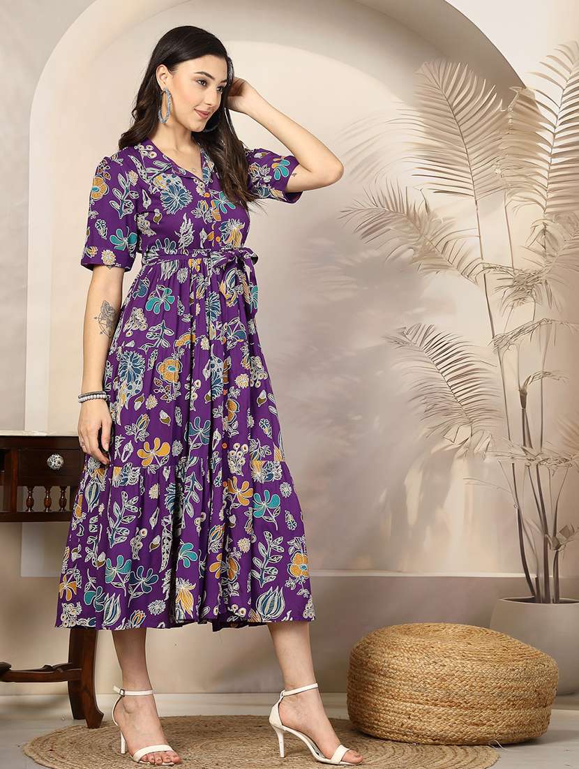 Women Printed Collared Midi Tiered Dress - 22514561 -  Standard Image - 3