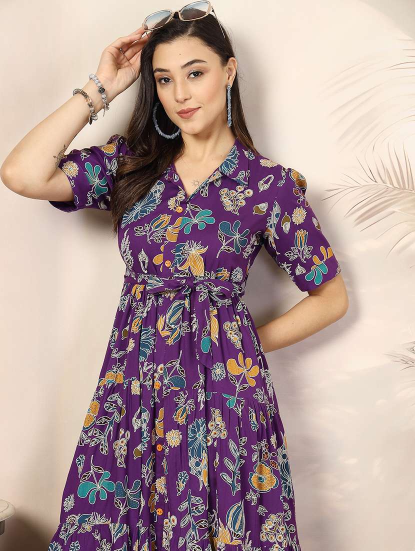 Women Printed Collared Midi Tiered Dress - 22514561 -  Standard Image - 5