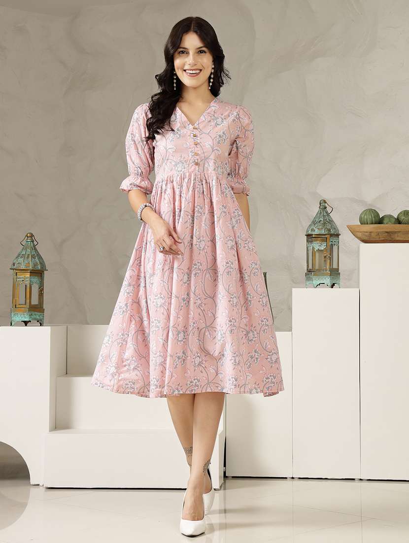 women printed v neck fit and flare dress