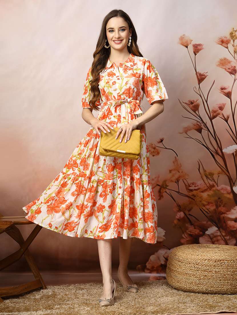 women printed collared tiered dress