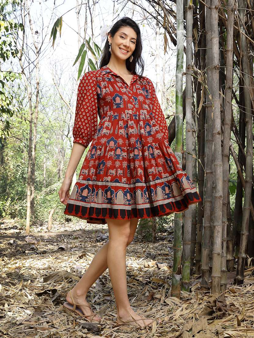 women printed collared tiered dress - 22514646 -  Standard Image - 3