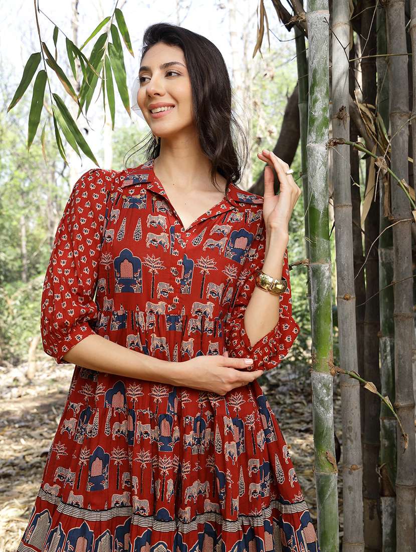 women printed collared tiered dress - 22514646 -  Standard Image - 5