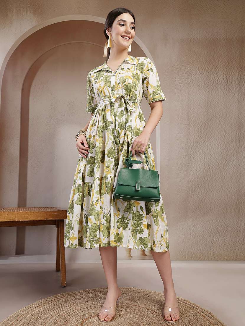 women printed collared tiered dress