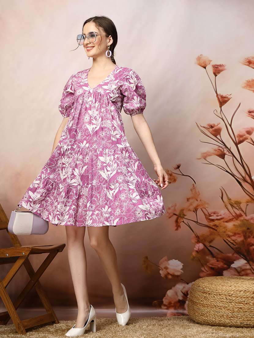 Women Printed V Neck Tiered Dress - 22514665 -  Standard Image - 3