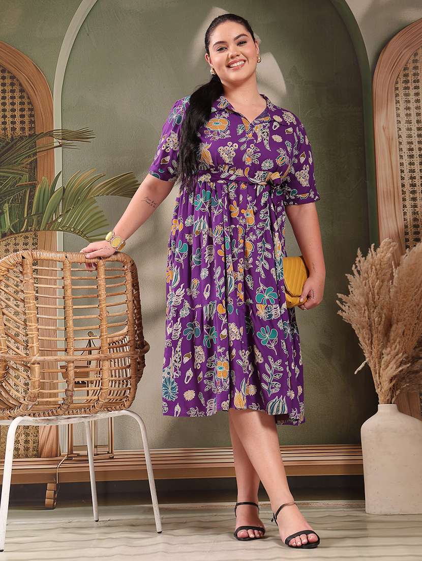 women printed collared tiered dress