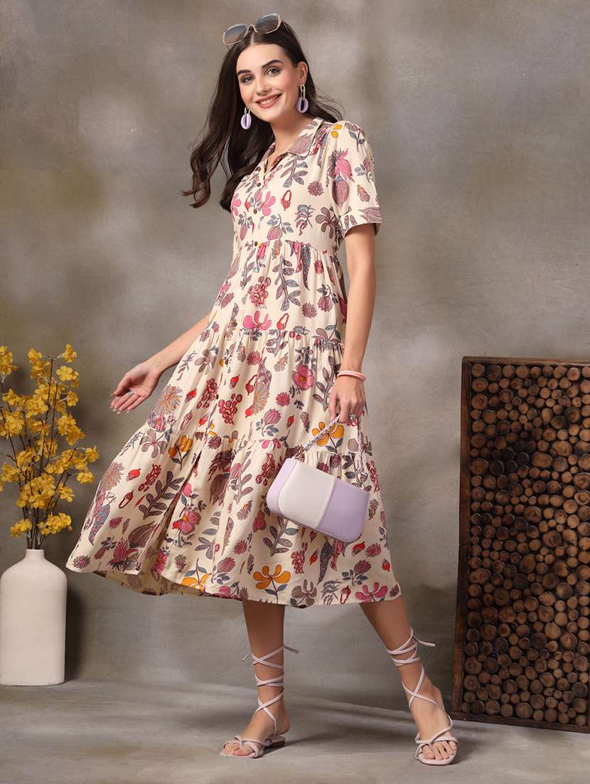 women printed short sleeves tiered dress