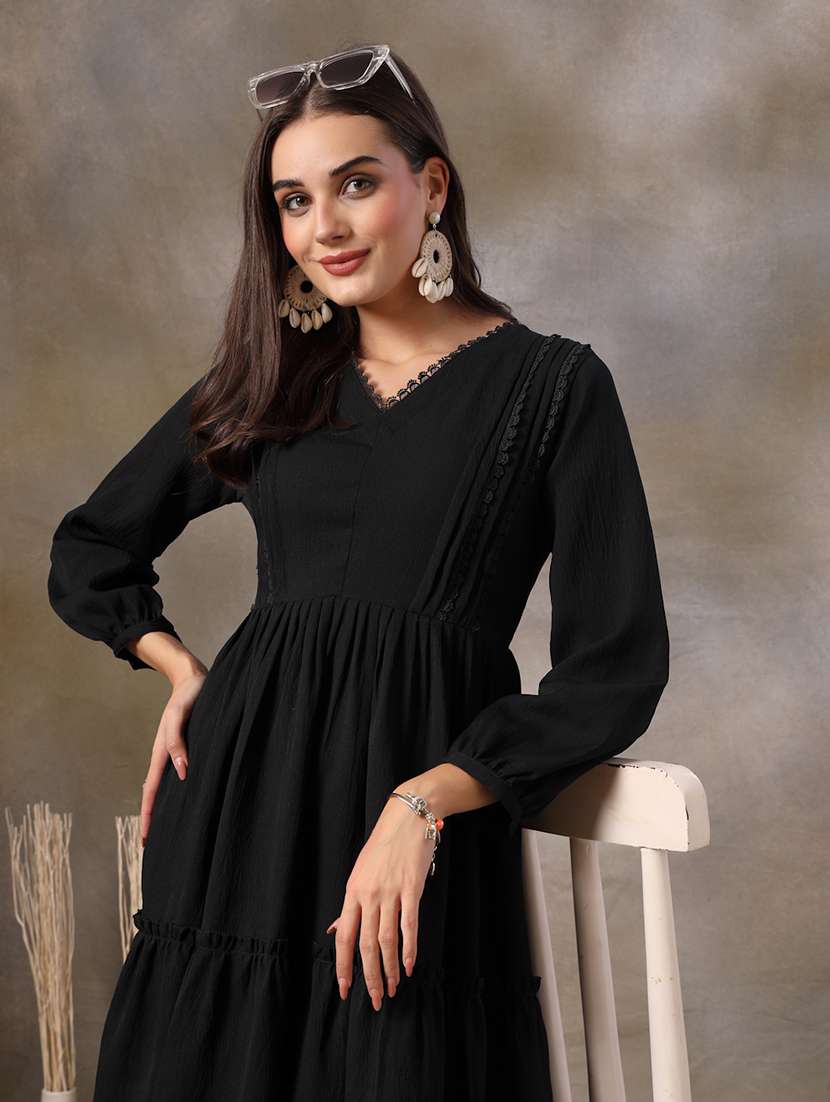 women solid v neck tiered dress