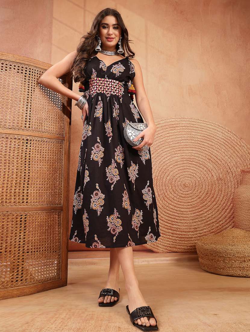 women printed sleeveless a-line dress