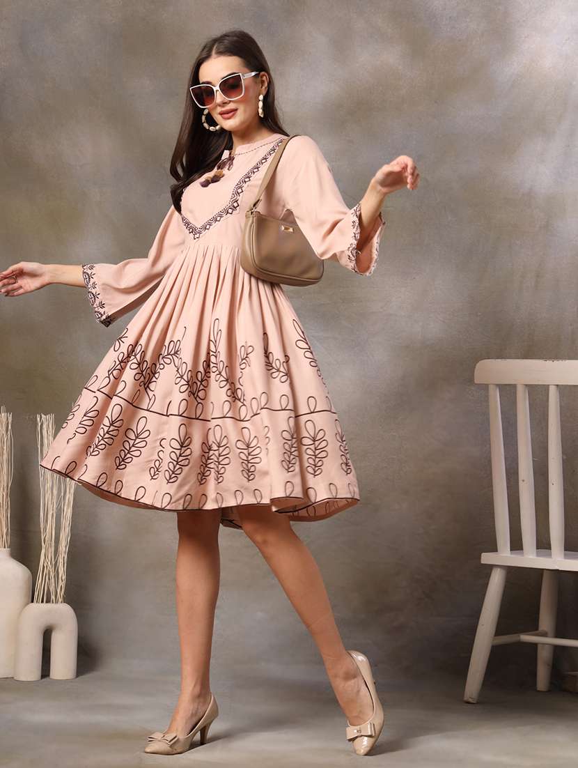 women embroidered mandarin neck fit and flare dress
