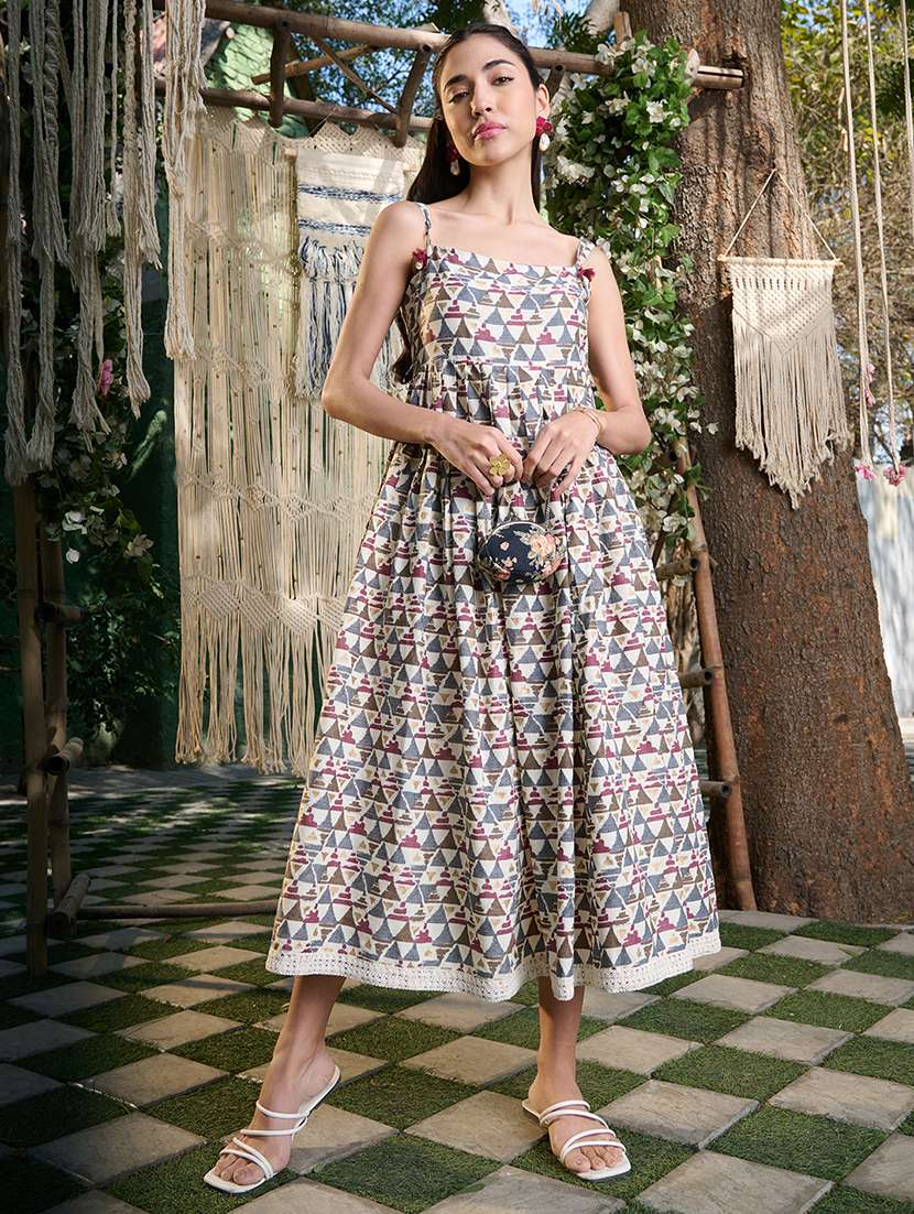 women printed shoulder strap fit and flare dress