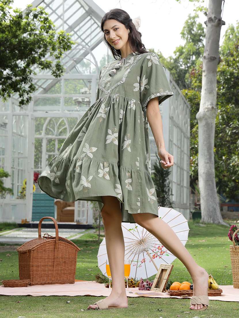 women printed mandarin neck tiered dress - 22514719 -  Standard Image - 3