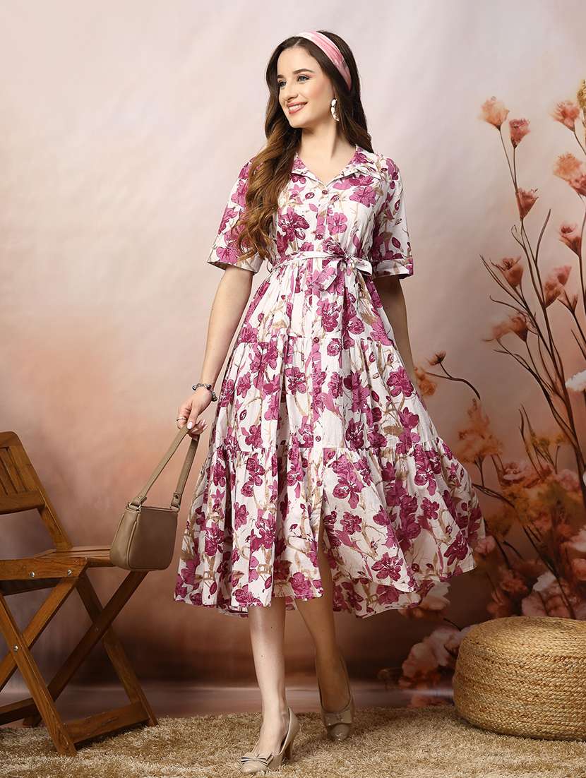 women printed collared tiered dress