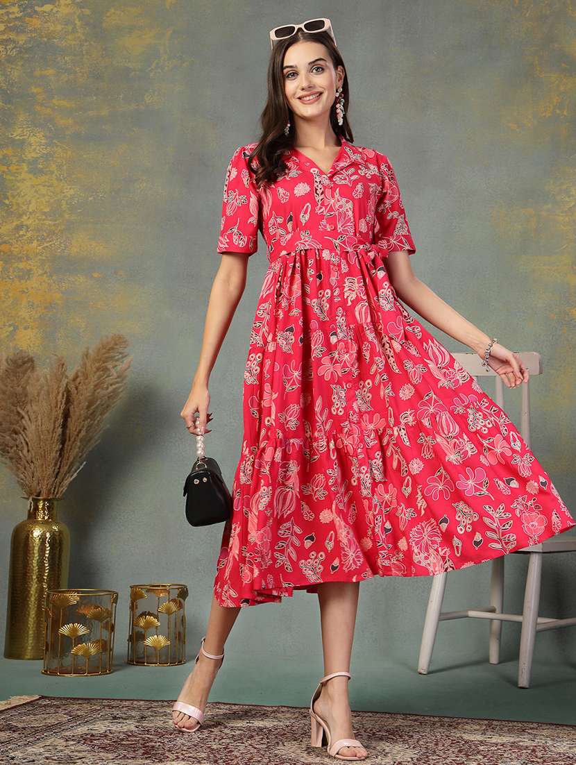 women printed collared tiered dress