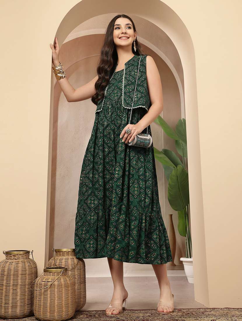 women printed sleeveless tiered dress with jacket