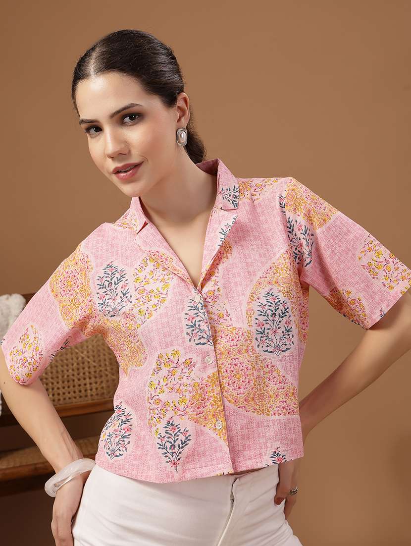 women printed collared crop shirt