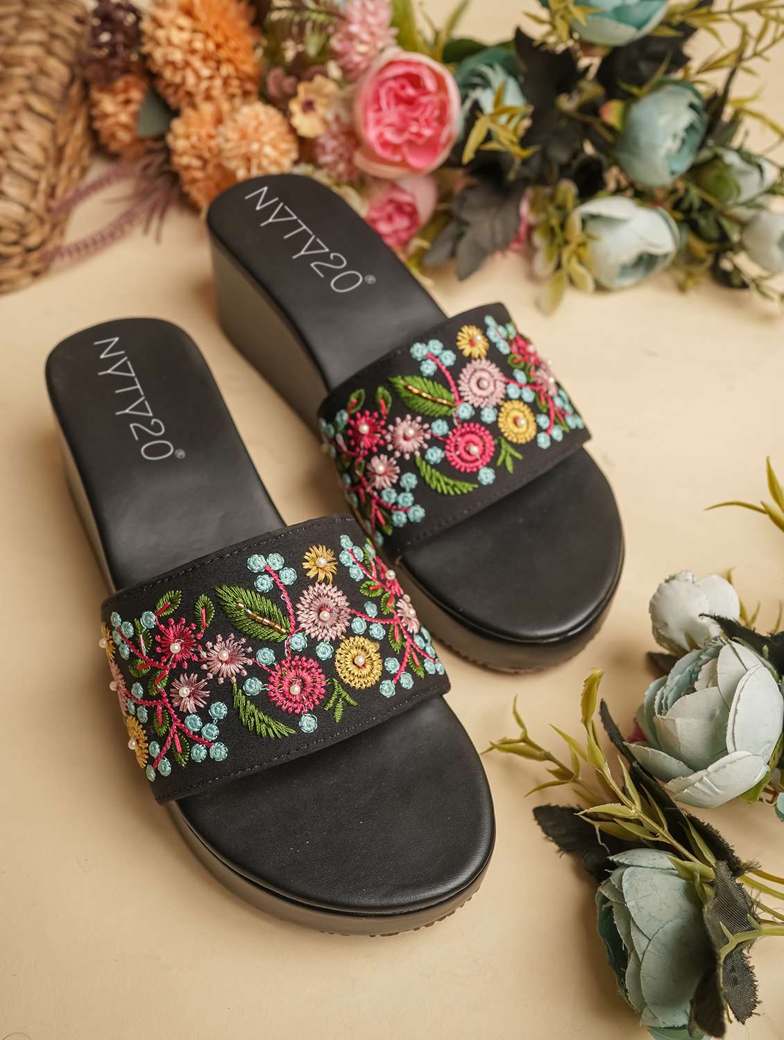 women embroidered slip on wedges