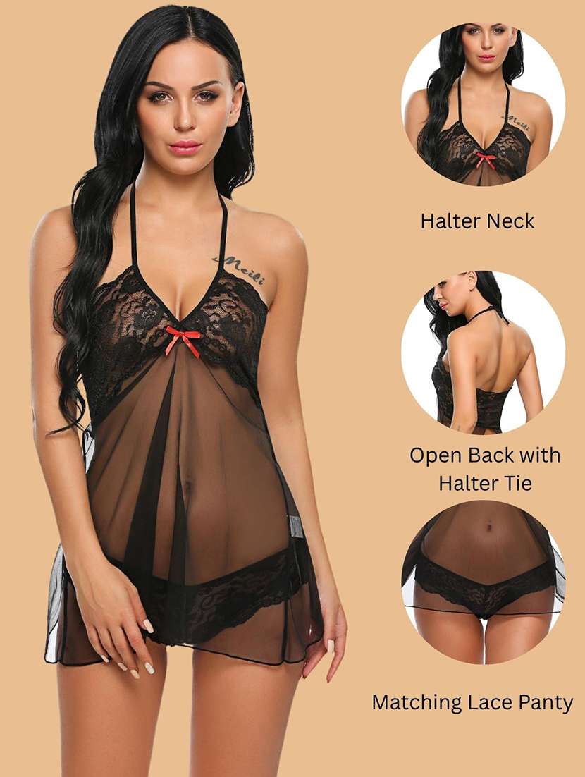 women self design halter neck babydoll set - 22514808 -  Standard Image - 3