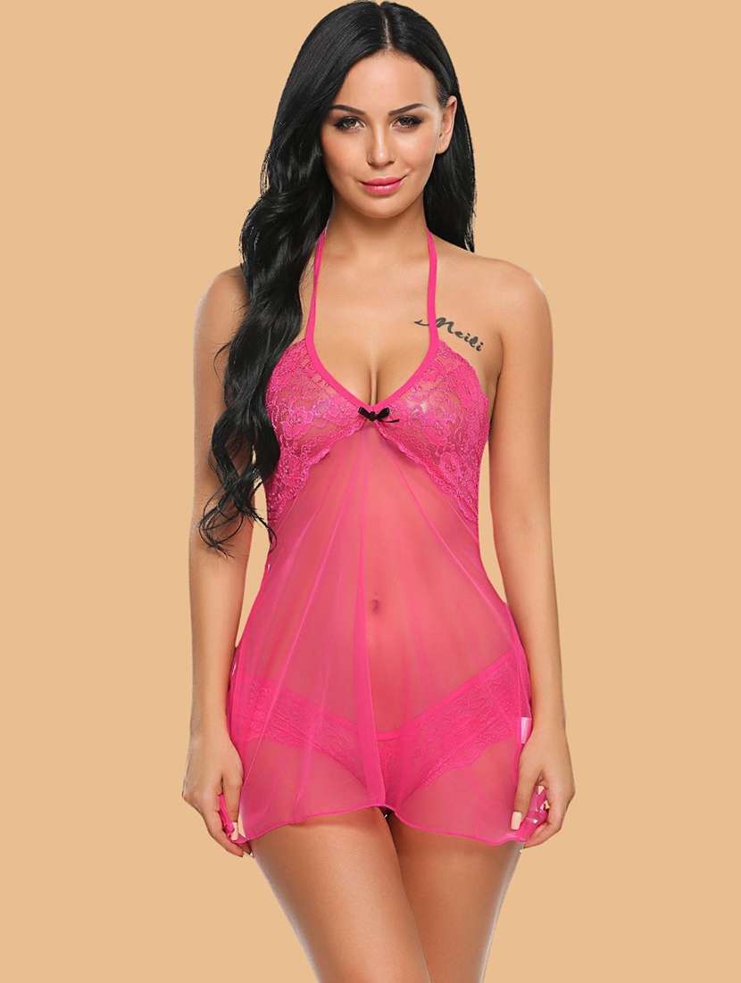 women self design halter neck babydoll set