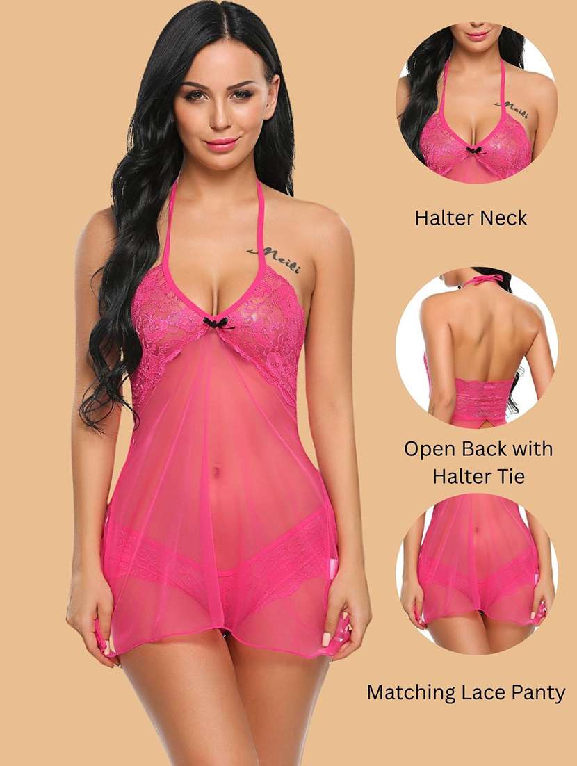 women self design halter neck babydoll set - 22514810 -  Standard Image - 3