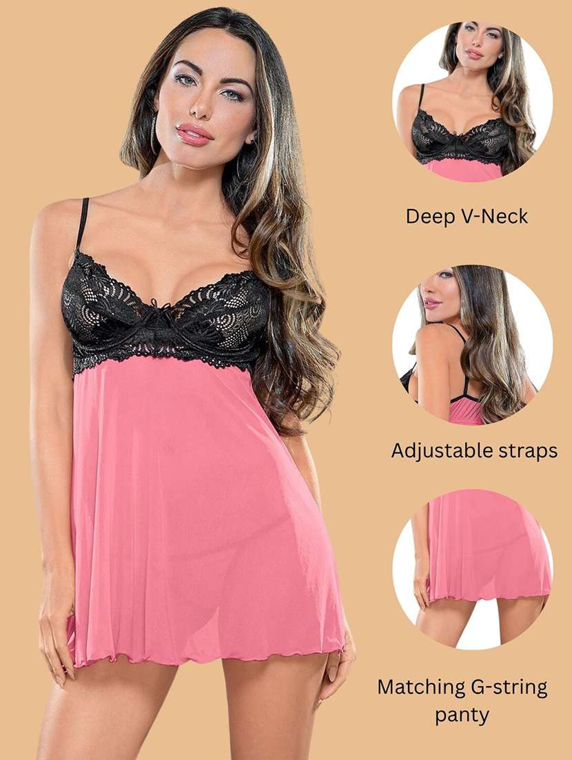 women self design shoulder strap babydoll set - 22514811 -  Standard Image - 3