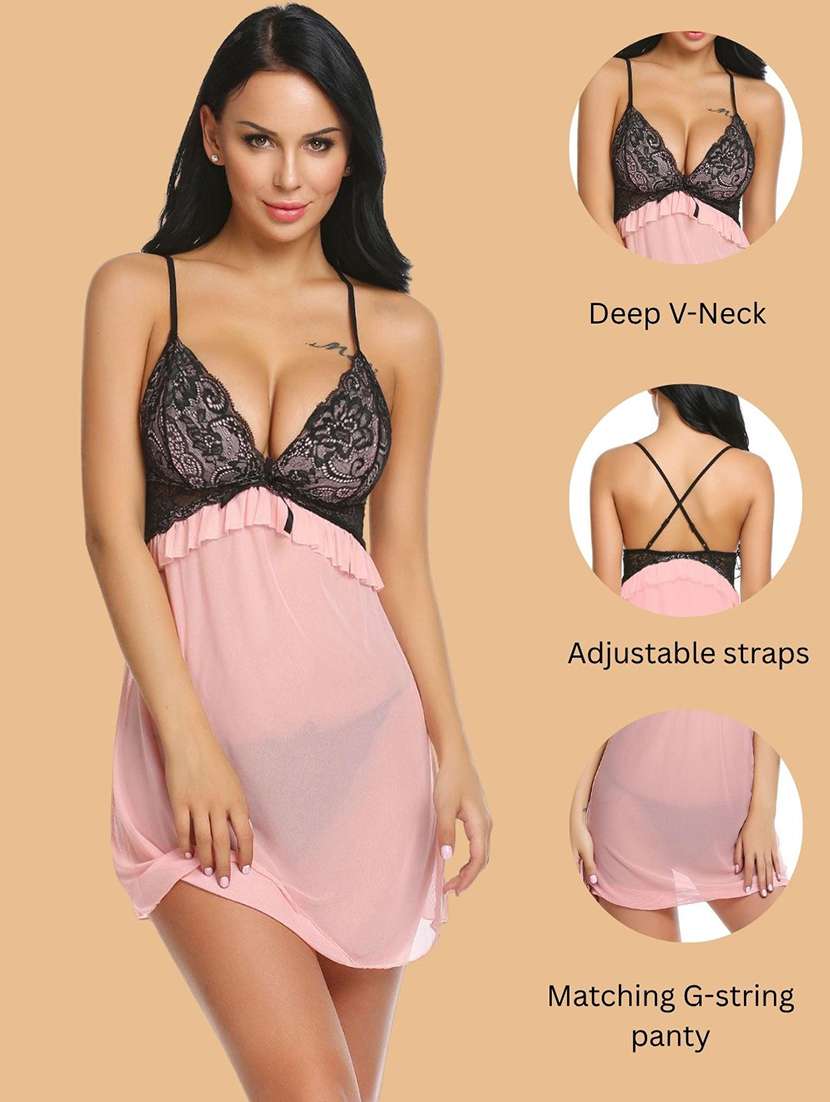 women self design shoulder strap babydoll set - 22514812 -  Standard Image - 3